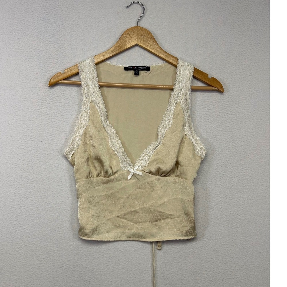Coquette Fairycore One Clothing Womens Small Beige Lace Trim Satin V-Neck Top